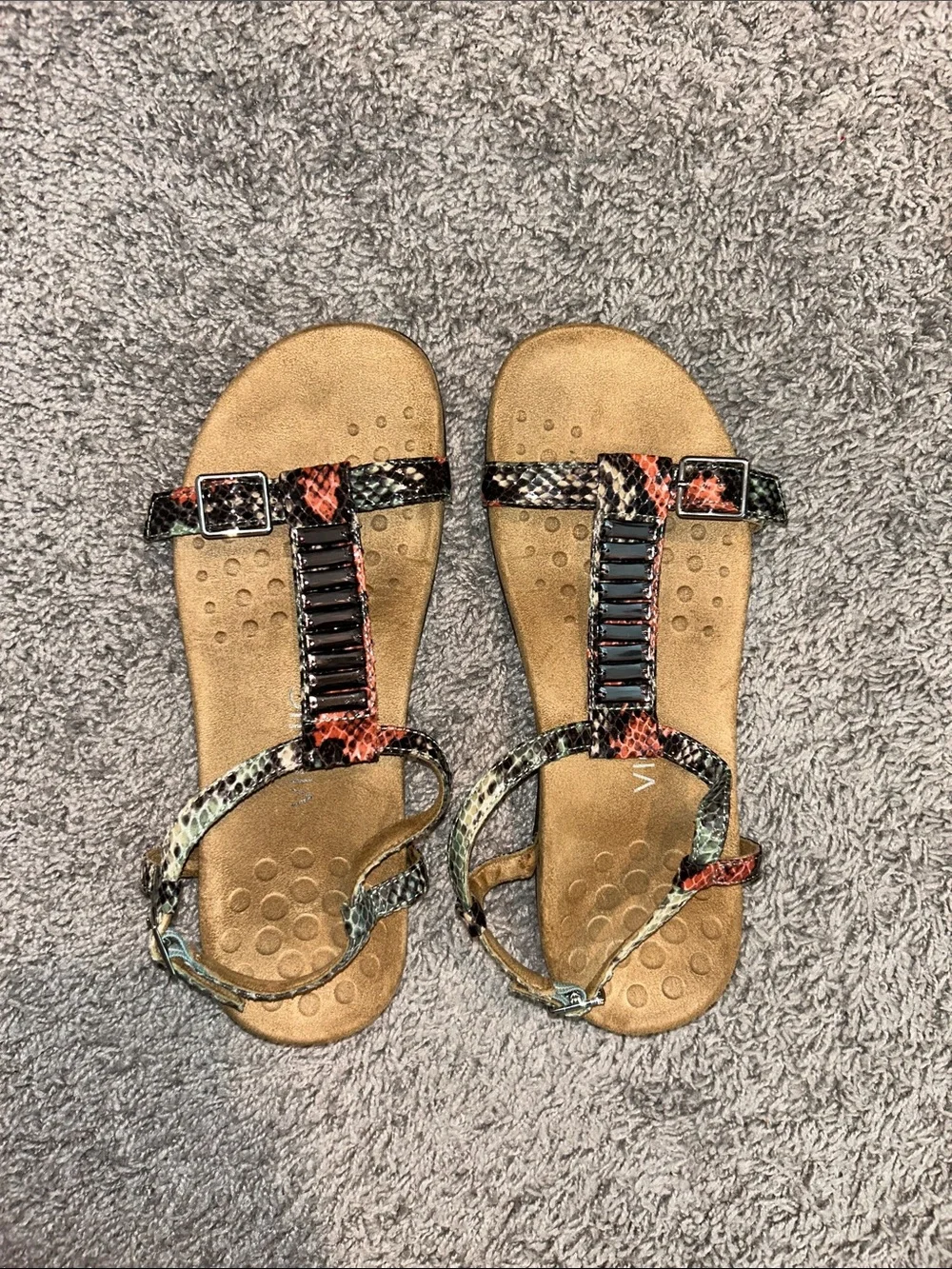 Vionic Multicolor Snake-Print T-Strap Sandals with Coral and Teal Accents - Picture 2 of 6